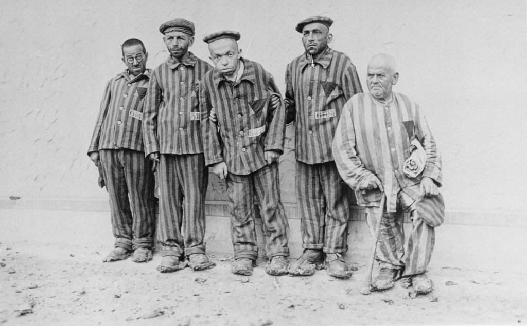 Developmentally disabled Jewish prisoners, photographed for propaganda purposes, who arrived in the Buchenwald concentration camp in Germany after Kristallnacht, 1938. Photo credit: USHMM #13132, courtesy of Robert A. Schmuhl