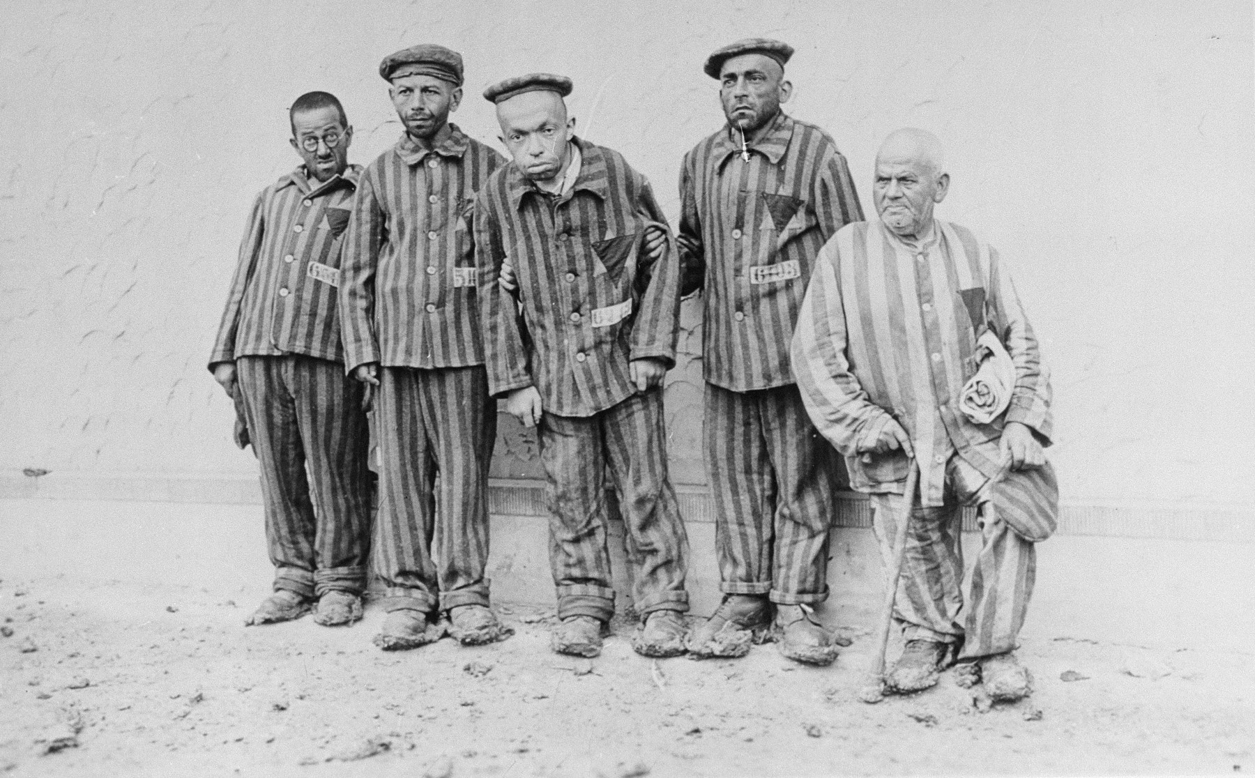 Developmentally disabled Jewish prisoners, photographed for propaganda purposes, who arrived in the Buchenwald concentration camp in Germany after Kristallnacht, 1938. Photo credit: USHMM #13132, courtesy of Robert A. Schmuhl