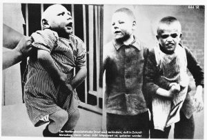 Nazi propaganda composite photograph showing developmentally disabled German children. The caption reads, “The National Socialist State in the future will prevent people whose lives are not worth living from being born,” circa 1933-1943. Photo credit: USHMM #62928