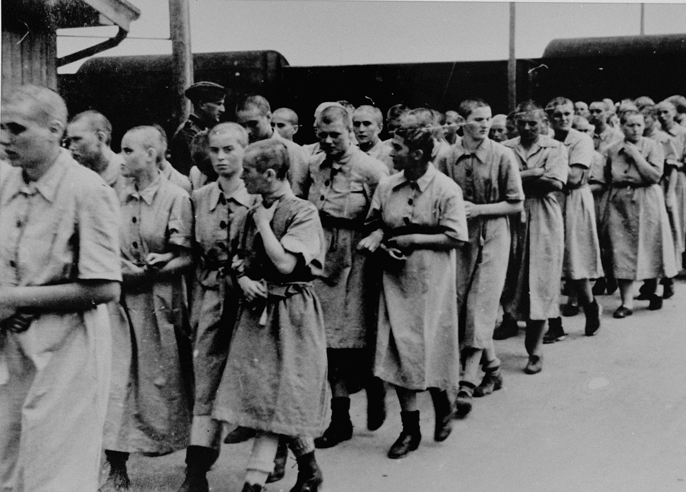 Jewish female forced laborers from Subcarpathian Rus march toward their barracks after disinfection and headshaving at the Auschwitz-Birkenau concentration and extermination camp in Nazi-occupied Poland, May 1944. Photo credit: USHMM #77370