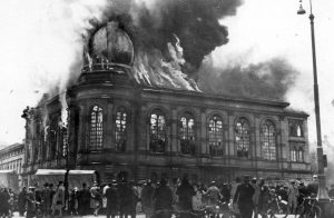 Kristallnacht (“Crystal Night,” or, “The Night of Broken Glass”), was a pogrom against the Jews throughout Nazi Germany on November 9-10, 1938. Almost 100 people were killed, 30,000 men were arrested, over 1,000 synagogues were burned, and over 7,000 Jewish businesses were destroyed or damaged. The burning of the Boemestrasse Synagogue in Frankfurt, Germany, November 10, 1938. Photo credit: Auschwitz-Birkenau State Museum