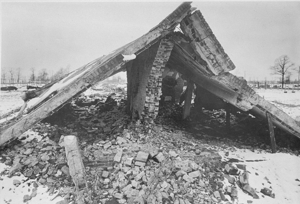 Ruins of Crematorium II at the Auschwitz-Birkenau extermination camp in Nazi-occupied Poland, February 1945. Photo credit: USHMM #08857