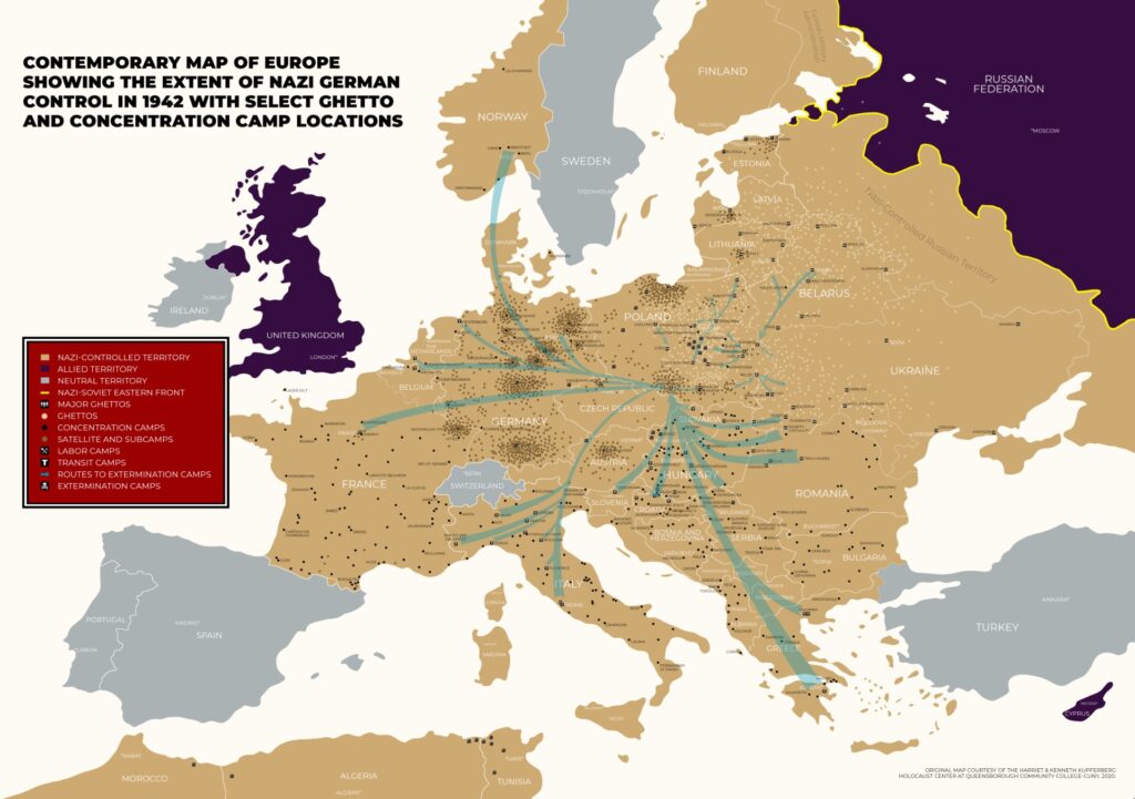 Contemporary Map of Europe Showing the Extent of Nazi German Control in 1942 with Select Ghettos and Concentration Camp Locations
