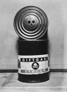 Two canisters of Zyklon B found in the Dachau concentration camp and clearly marked as poison with a skull and crossbones