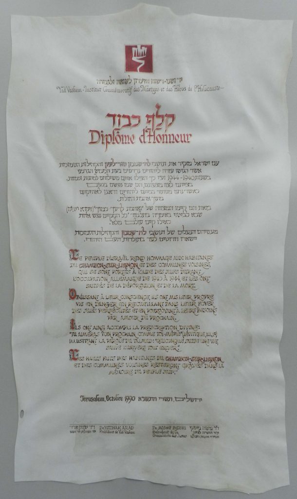 The certificate issued to Le Chambon-sur-Lignon by Yad Vashem Holocaust Institute