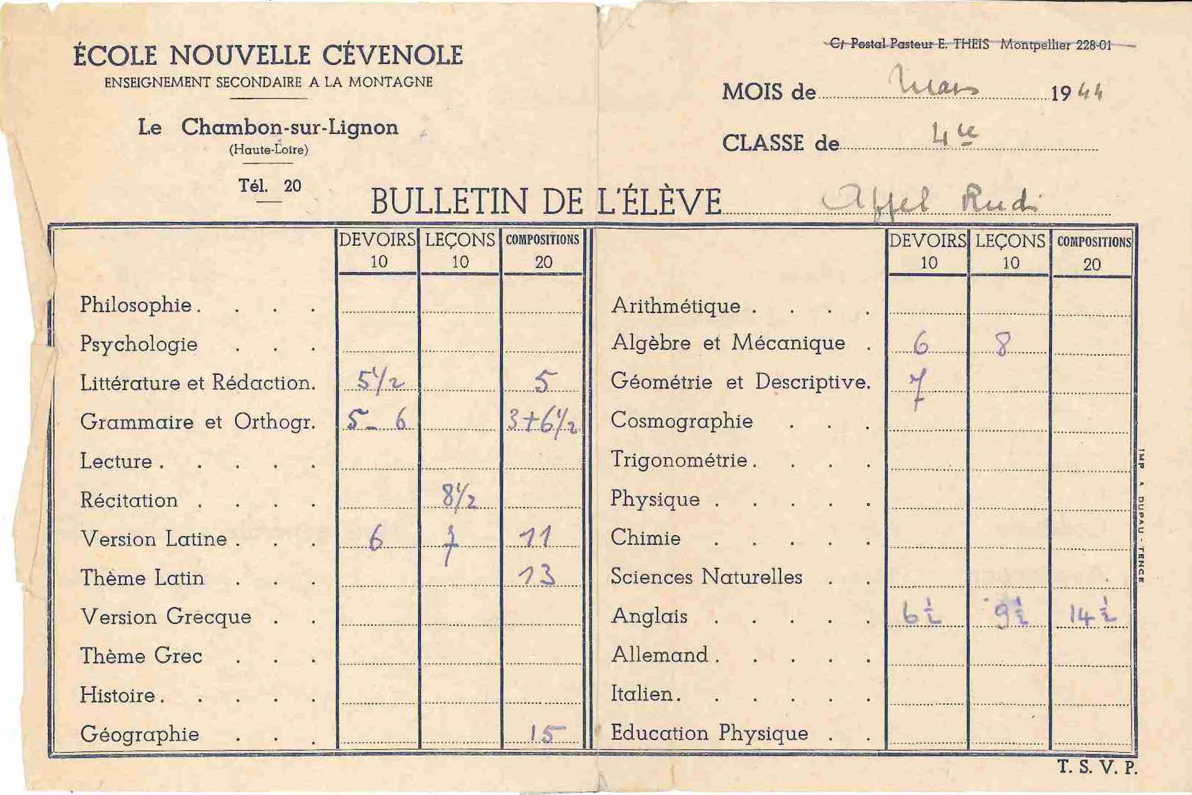 Report card from the Ecole Novelle Cevenole