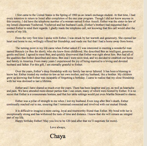 Chaya Letter Detailing her Relationship with Esther