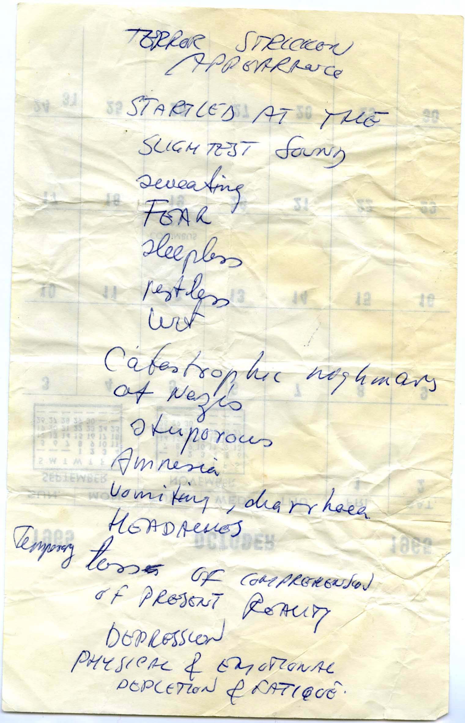 Ben's Handwritten List of Symptoms